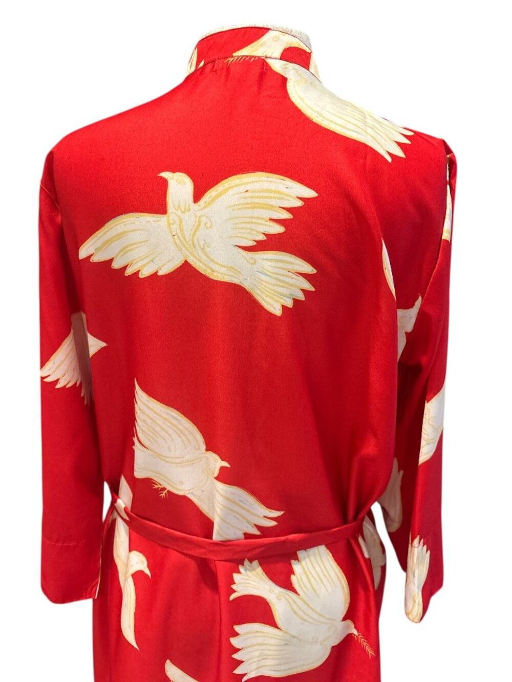 Moda Posa XL Red Bird Orint Maxi Dress Tue waist Mandarin Collar Boho Resort - Picture 6 of 11